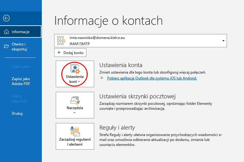 Outlook – Informacje o kontach – Ustawienia kont