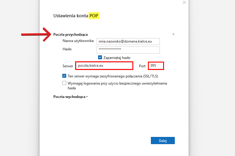 Outlook – POP3 – serwer poczty przychodzącej, port 995, SSL/TLS