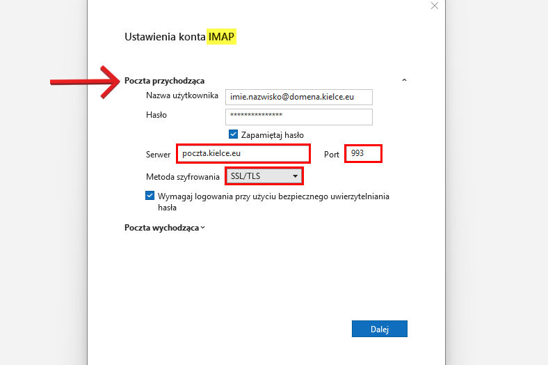 Outlook – IMAP – serwer poczty przychodzącej, port 993, SSL/TLS