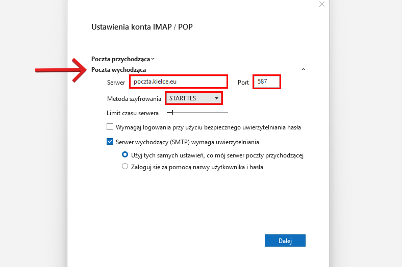 Outlook – SMTP – serwer poczty wychodzącej, port 587, STARTTLS, uwierzytelnianie