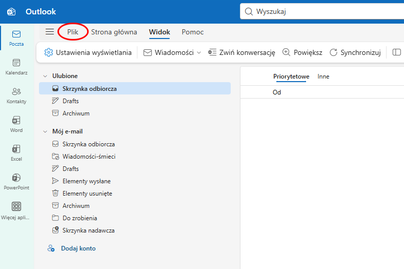 Outlook Windows – kliknij Plik