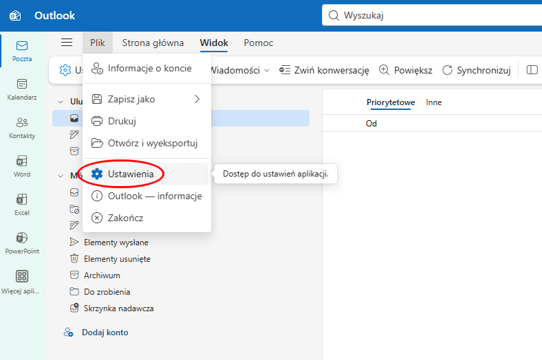 Outlook Windows – wybierz Ustawienia