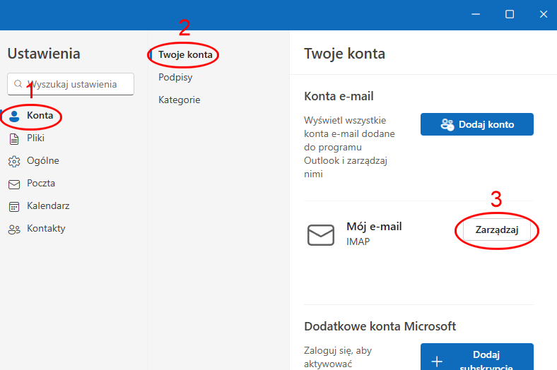 Outlook Windows – Konto – Zarządzaj