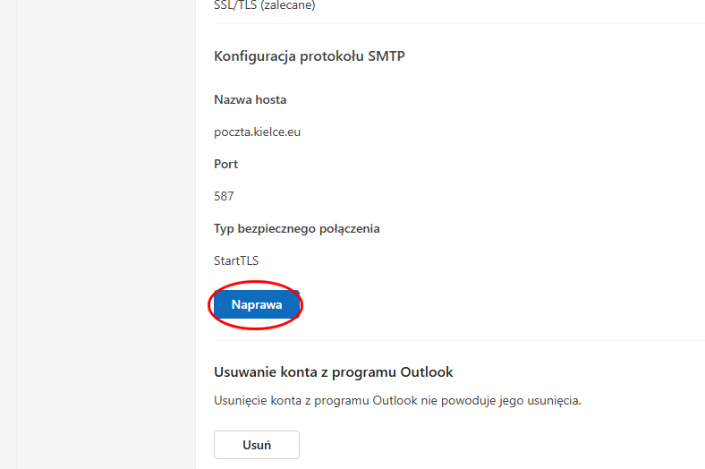 Outlook Windows – przycisk Naprawa na dole strony