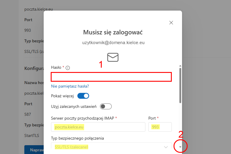 Outlook Windows – sprawdzenie ustawień poczty przychodzącej (port 993 lub 995)