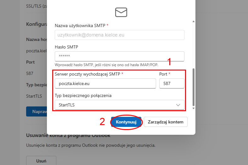 Outlook Windows – konfiguracja SMTP i Kontynuuj